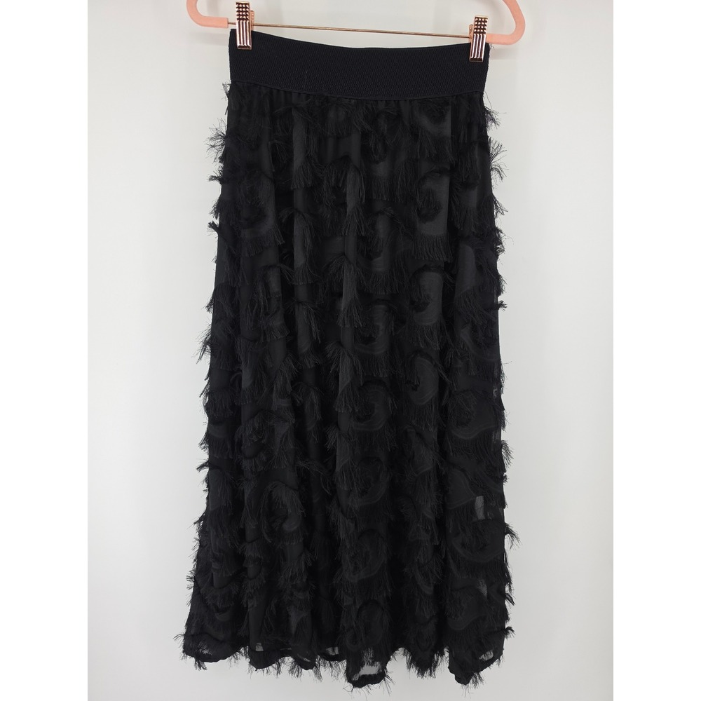 Sorella by Papa Fashions Black Eyelash Fringe Swirl Midi Skirt Made in Italy S